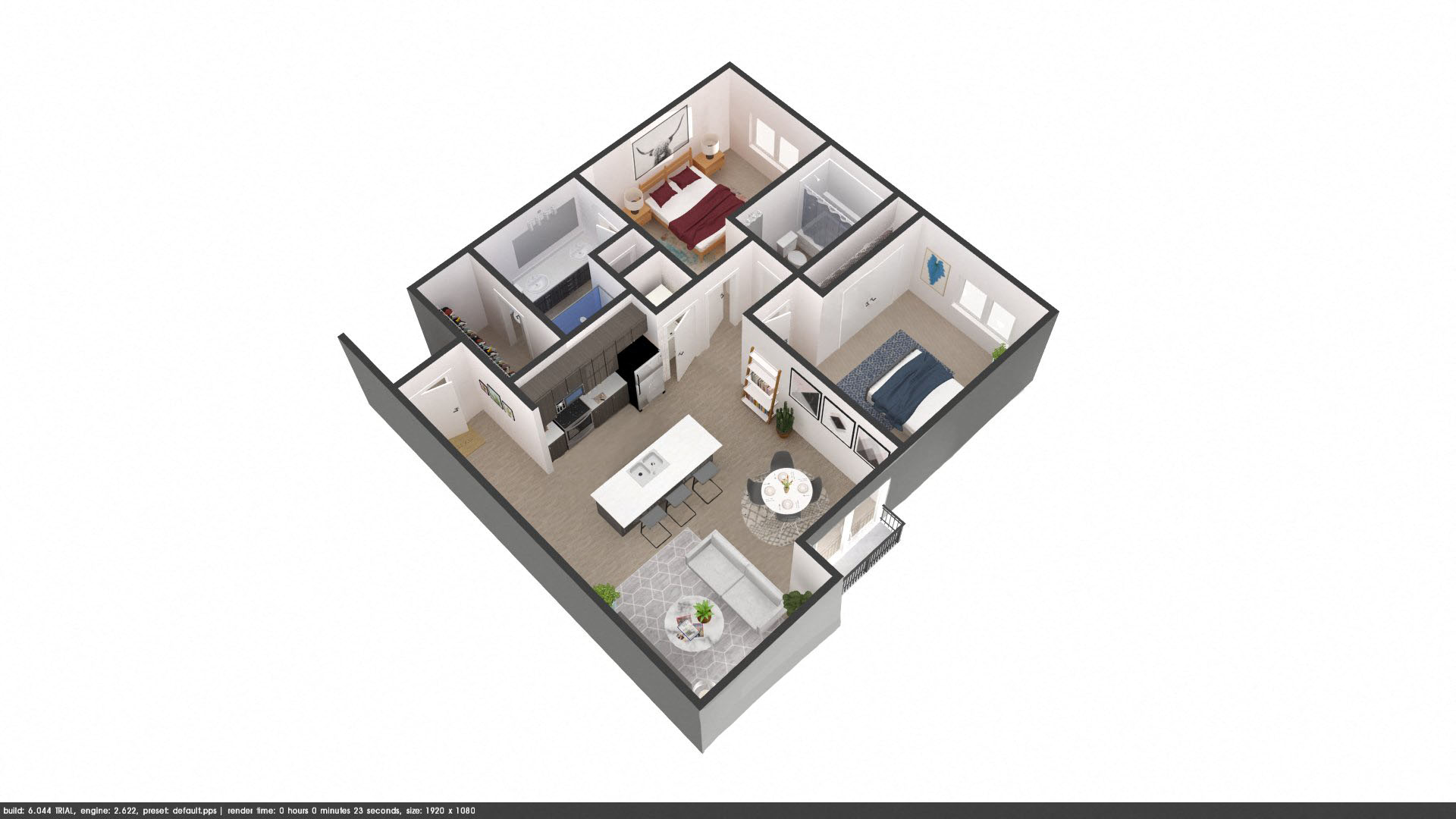 Floor plan for 2 beds, 2 baths, 987 sqft